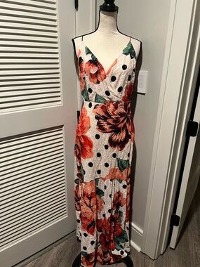 Anthropologie White Maxi Dress with Coral Floral & Black Polka Dots